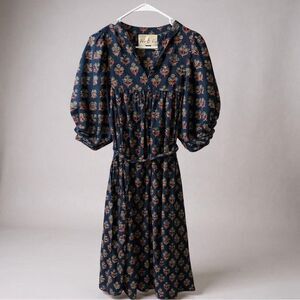 Fox and Hen Navy V neck belted midi Dress with burgundy accents and puff sleeves